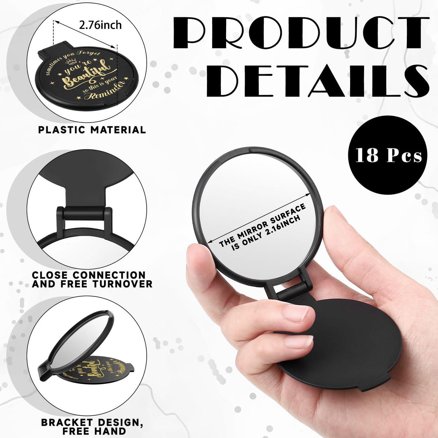 Gulfmew 18 Pcs 2.76 Inch Inspirational Compact Mirror Bulk Round Makeup Glass Mirror Personal Purse Pocket Mini Gifts for Women Galentines Coworker Teacher Graduation Friends (Black)