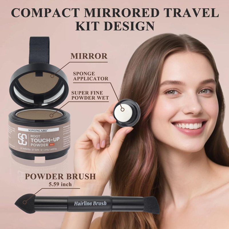 SOVONCARE Wet Hairline Powder for Women & Men - Hair Root Touch Up Powder for Grey Coverage, Thinning Hair & Bald Spots, Stays All Day - Instant Root Cover Up, Includes Brush(Medium Brown 0.14 Oz)