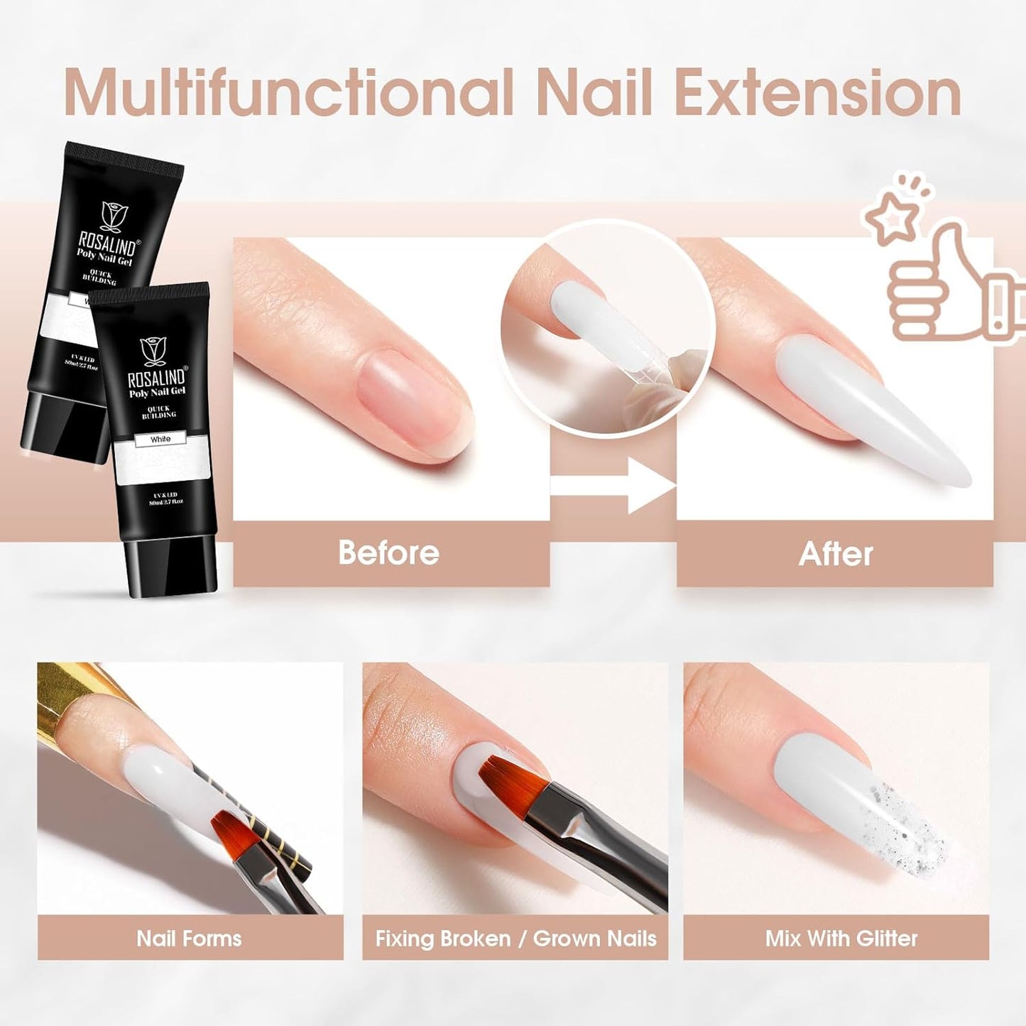 Nude Poly Extension Gel, ROSALIND 2.7 oz Light Nude Poly Nail Gel Builder for Nail Art Decoration, Thickening Extension Easy to DIY Use at Home Need UV Lamp