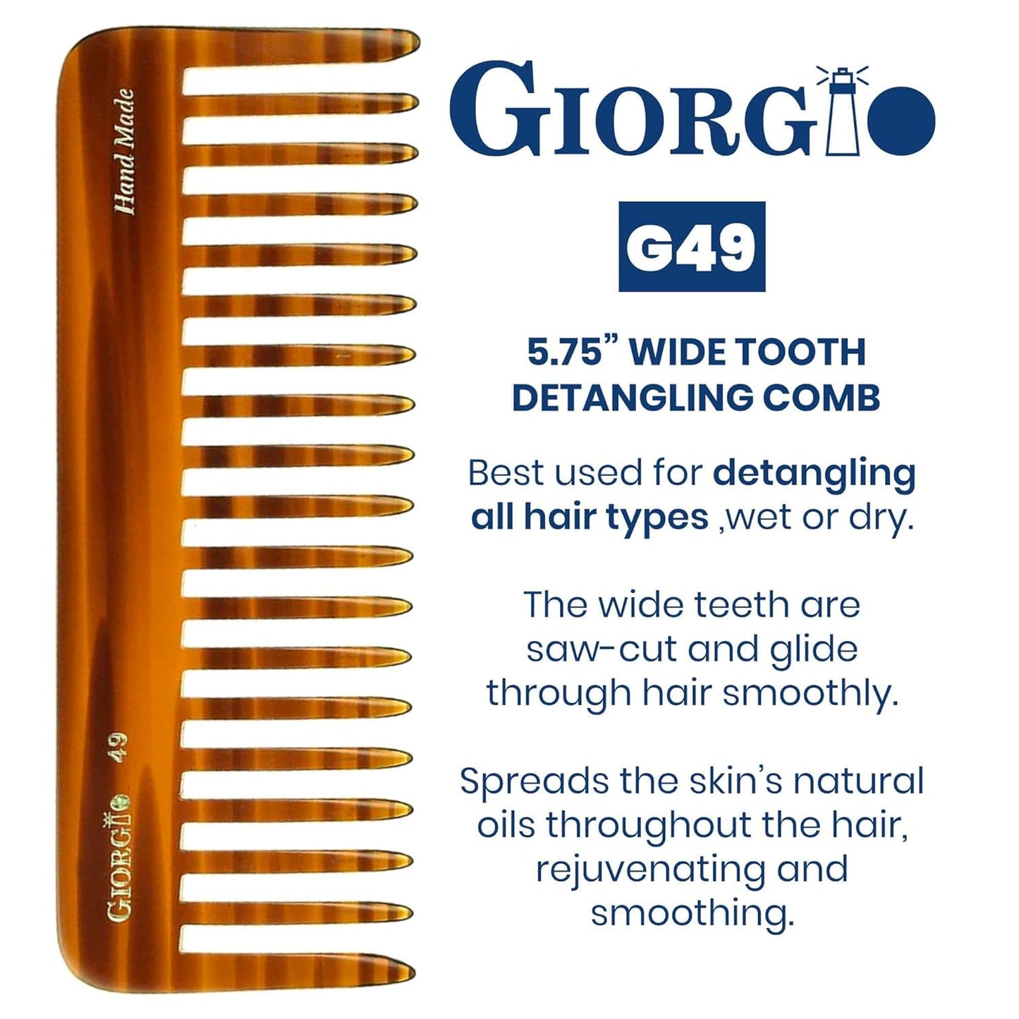 Giorgio G49 Yellow Tokio, Large Hair Detangling Comb, Wide Teeth for Thick Curly Wavy Hair, Detangler Comb For Wet and Dry, Handmade of Quality Cellulose, Saw-Cut, Hand Polished