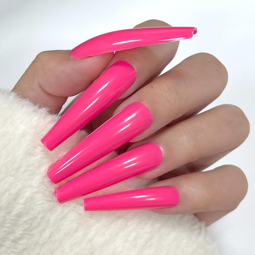 AddFavor Long Press on Nails Full Cover Extra Long XXXL Glossy Hot Pink Coffin Press on Fake Nails Acrylic Artificial False Nail Tips 12 Sizes 120pcs for Women Nail Art