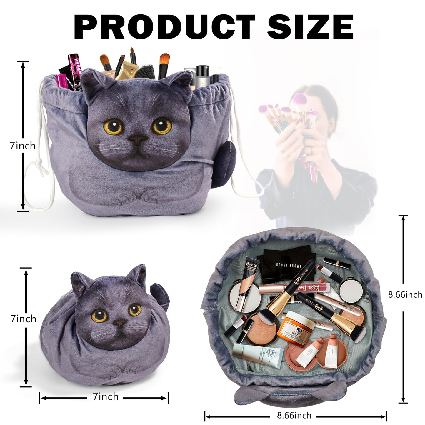 Openhahaha Drawstring Makeup Bag, Cat Makeup Bag, Travel Makeup Organizer, Cosmetic Pouch Bag, Cat Gift for Women, Lay Flat Makeup Bag Gifts for Cat Lovers(2-Pack)