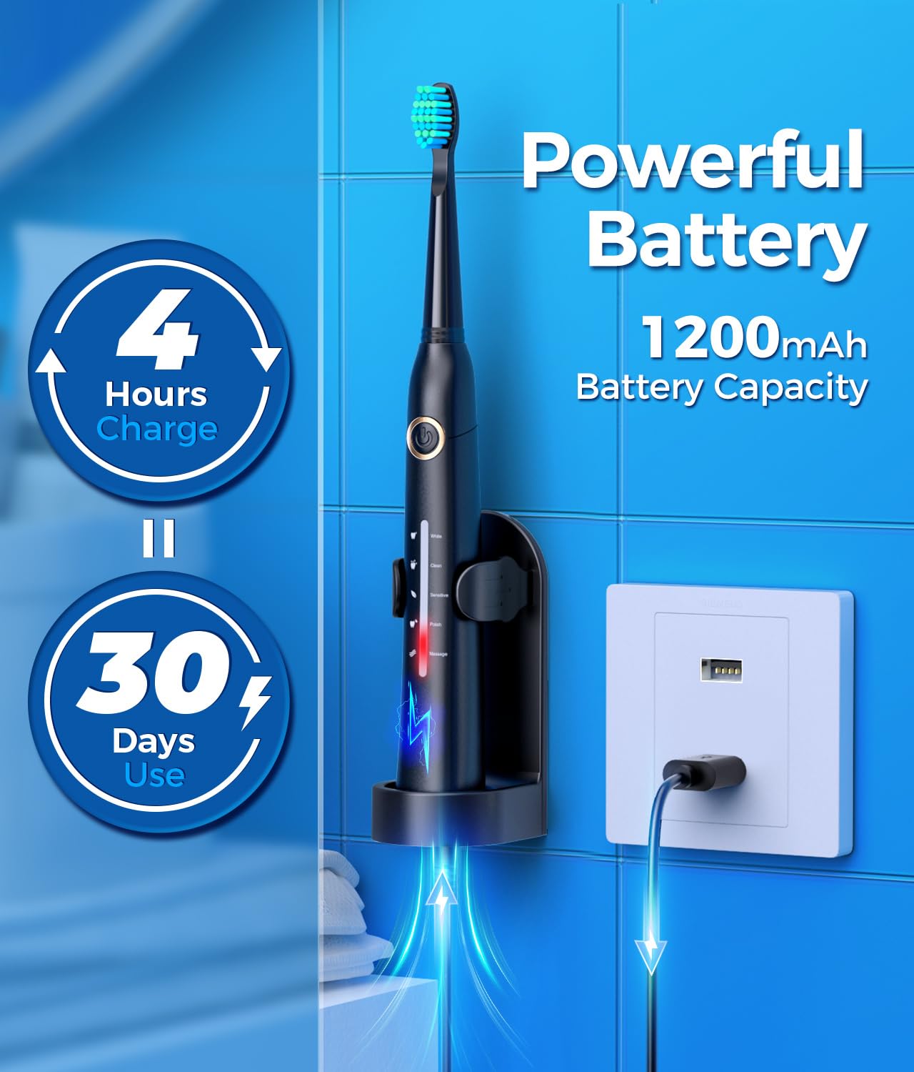 Sonic Electric Toothbrush for Adults, Power Electric Toothbrush with 8 Brush Heads, Travel Case, 40000 VPM Deep Clean 5 Modes, Rechargeable Toothbrushes Fast Charge 4 Hours Last 30 Days, Black