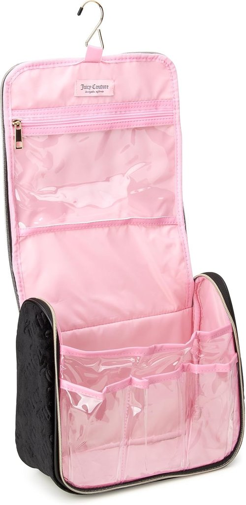 Juicy Couture Makeup Bag - Black Velour Cosmetics Organizer with Hanging Hook | Travel Essentials