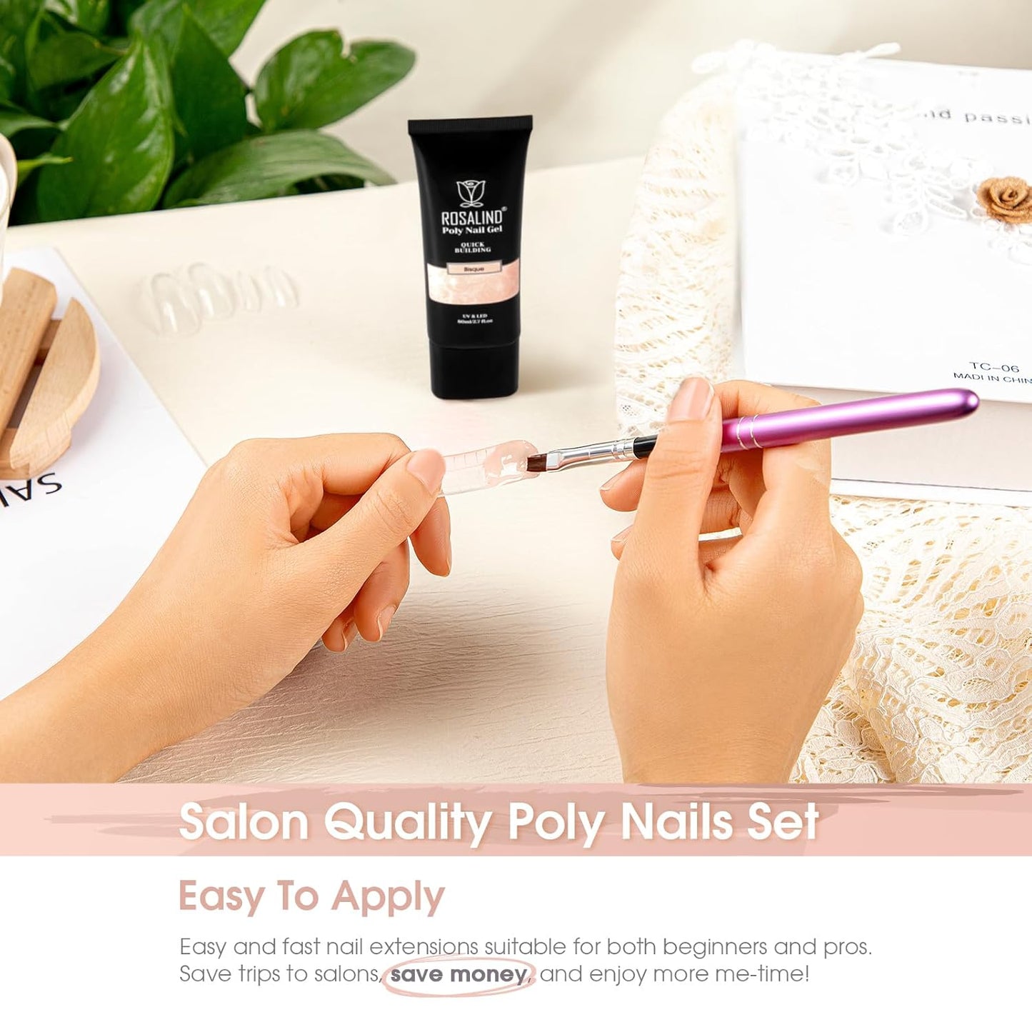 Nude Poly Extension Gel, ROSALIND 2.7 oz Light Nude Poly Nail Gel Builder for Nail Art Decoration, Thickening Extension Easy to DIY Use at Home Need UV Lamp