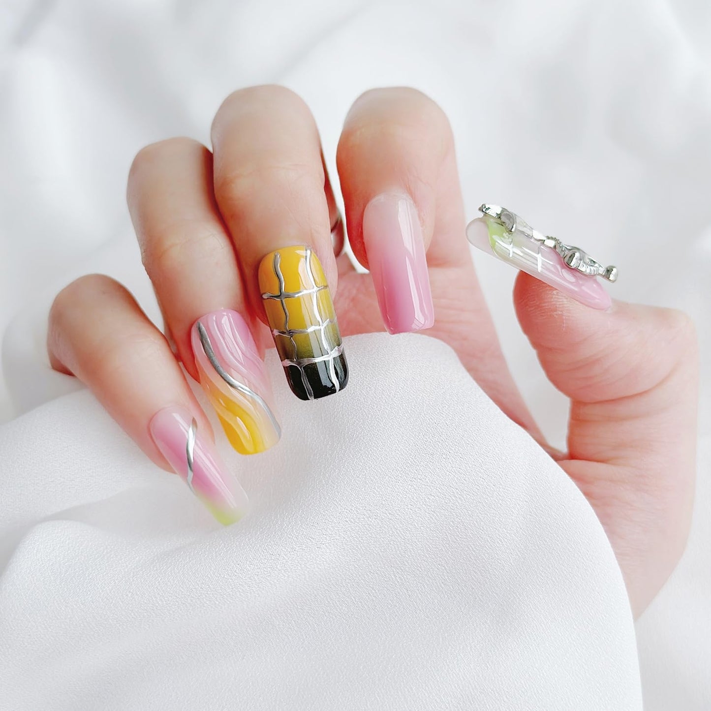 LARSOOY Nails Handmade Press on Nails Middle Long Square | Handmade Nails with Multicolored Stripes | Reusable fake Nails with Unique Designs | False Nails 10 Pcs (Overturned Palette, M)