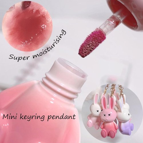 3Psc Rabbit Key chain Jelly Lip Glaze,Moisturising Crystal Keychain 2 in 1Lip Glow Gel,Sparkling Lipgloss Liquid Lipstick Set, Hydrating Sweet Lip Gloss Set