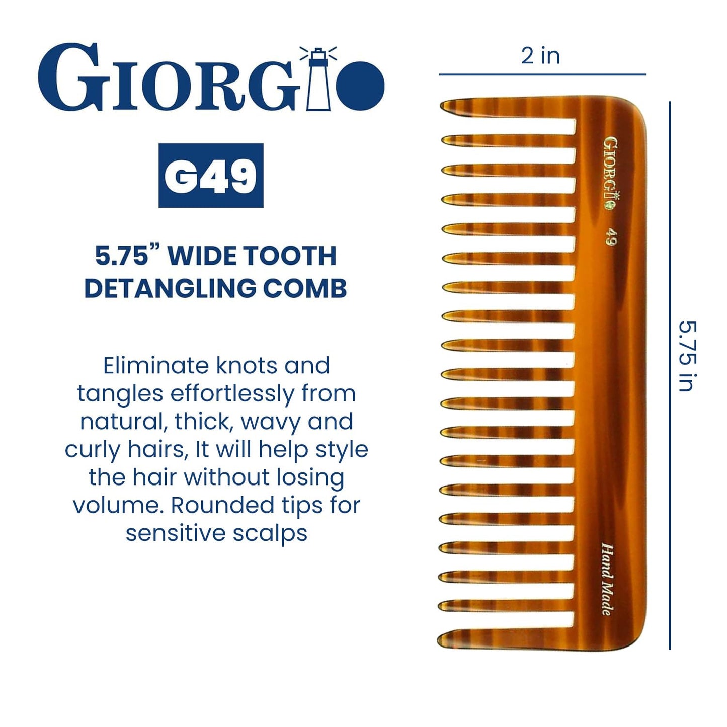 Giorgio G49 Yellow Tokio, Large Hair Detangling Comb, Wide Teeth for Thick Curly Wavy Hair, Detangler Comb For Wet and Dry, Handmade of Quality Cellulose, Saw-Cut, Hand Polished