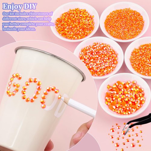 16000Pcs Resin Rhinestones with Tweezers for Crafting, Orange AB 2-6mm Mixed Sizes Bedazzling Crystal with 3Pcs 10ml B7000 Jewelry Glue for DIY Crafts Clothing Tumblers Shoes Fabric Nail Art
