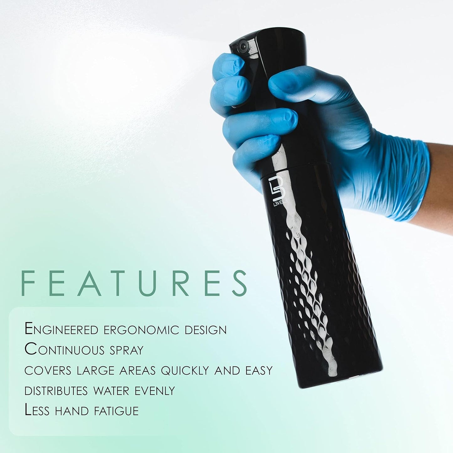 L3 Beveled Spray Bottle - Continuous Fine Mist Spray for Barbers - 300 ml Black | Less Hand Fatigue