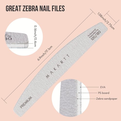 Makartt Nail File, 100/180 Grit Nail Files for Natural Nails, Professional Strong Emery Boards for Nails Doubled Sides Washable Fingernail Files Manicure Tool Set(Zebra-2pcs Trial Set)