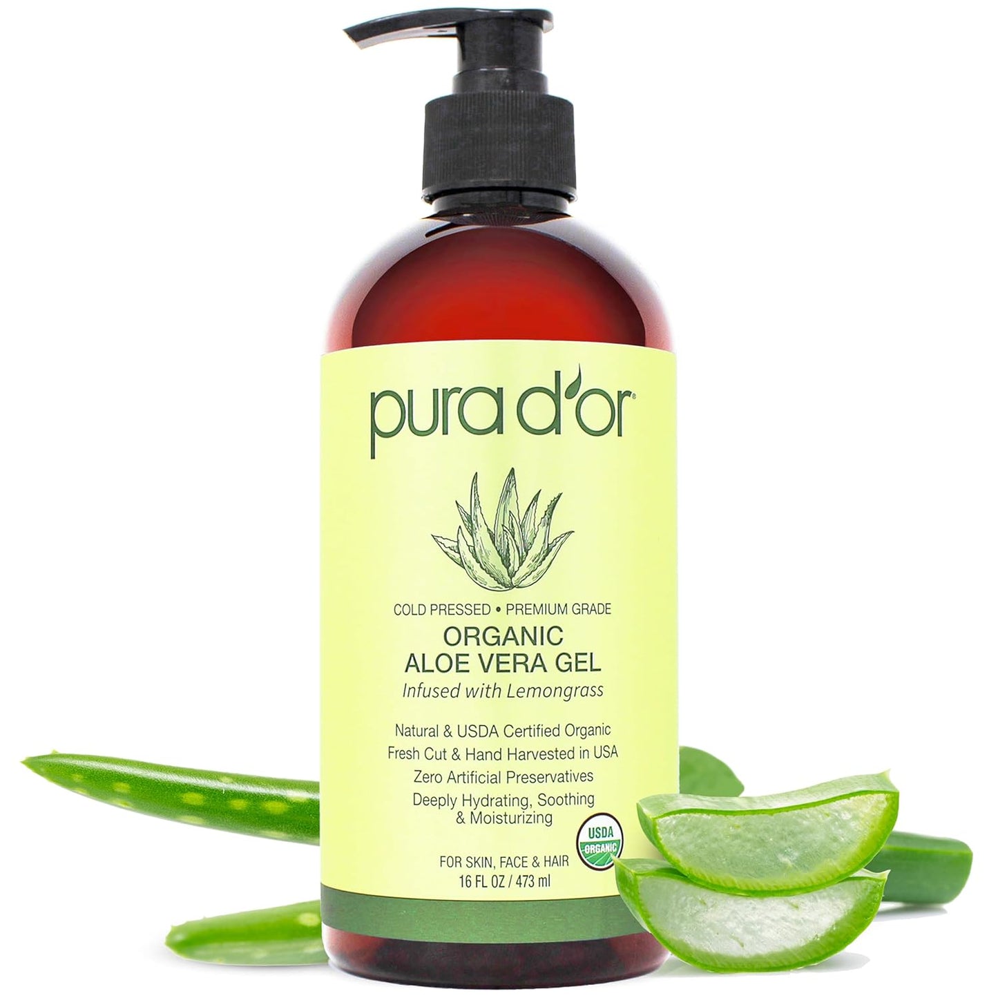 PURA D'OR ORGANIC Aloe Vera Gel Lavender (16 Oz X 3) All Natural - ZERO Artificial Preservatives - Deeply Hydrating & Moisturizing - Sunburn, Bug Bites, Rashes, Small Cuts, Eczema Relief - Skin & Hair