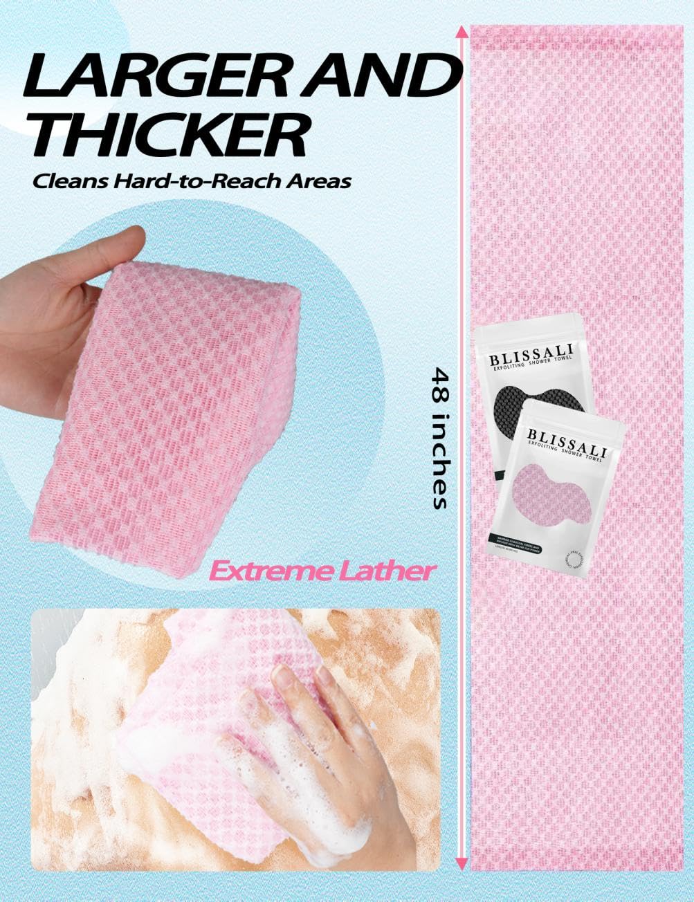 BLISSAL Exfoliating Shower Towel 48",Premium Scrub Wash Cloth for Body Face, Exfoliating Washcloth for Men and Woman(Pink)