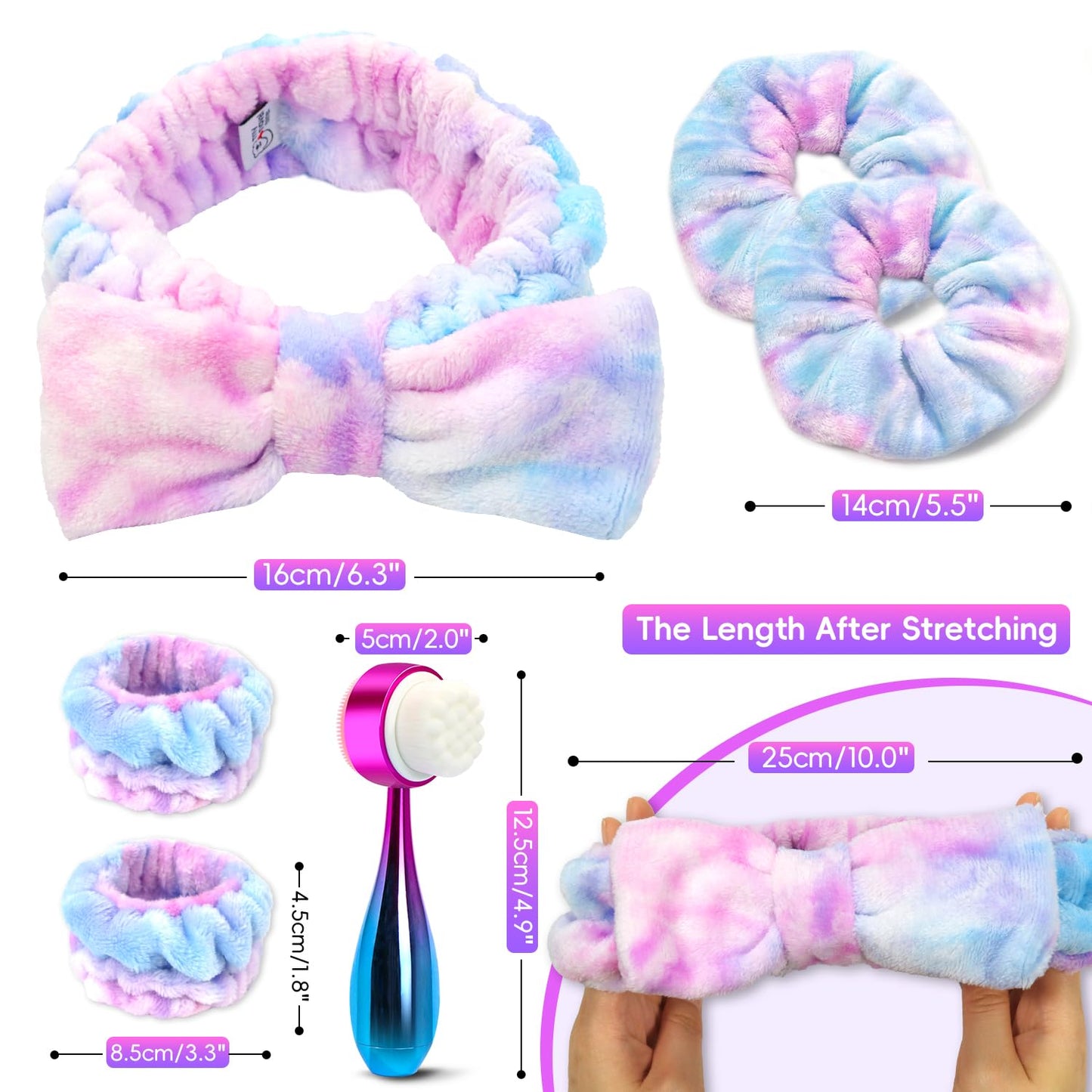 my novel things Facial Cleansing Brush, Headband for Washing Face with Silicone Double Side Manual Face Scrubber Brush, Skincare Headband and Wristband Set, 2 Hair Scrunchie, for Makeup Rainbow