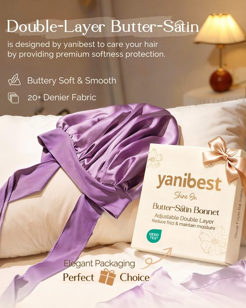 YANIBEST Adjustable Satin Bonnet for Sleeping Women Double Layer Hair Wrap Reduce Friction Prevent Frizz Natural Curly Hair, Purple