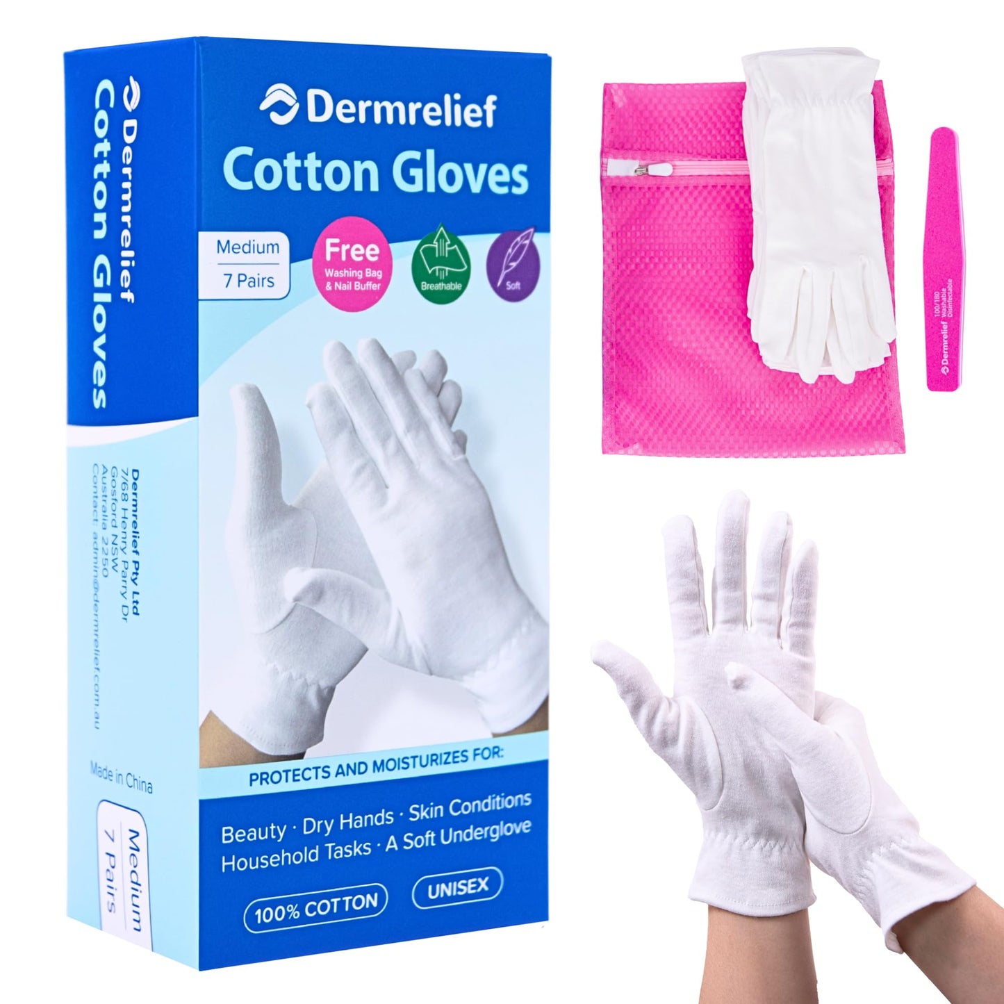 Dermrelief Cotton Gloves - for Beauty, Dry Hands, Eczema, Dermatitis and Psoriasis (7 Pairs) with Free Gifts (Professional Nail Buffer & Washing Bag) (Medium)