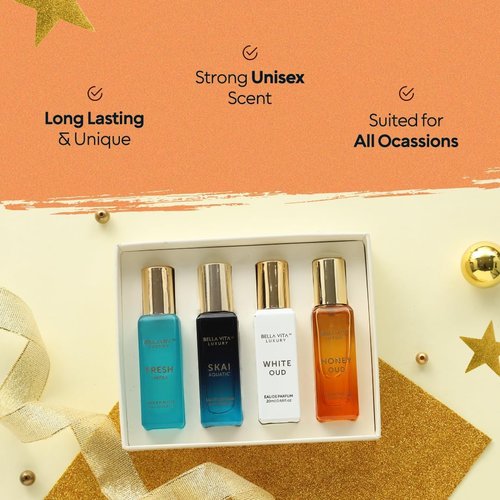 .Bella_Vita_. Luxury Unisex Cologne Gift Set (4x20ml) | Fragrances Includes Honey OUD, SKAI, FRESH & White OUD | Travel Size Mini Perfumes & Spicy Vanilla Perfume Oil | Unisex Perfume for Women & Men