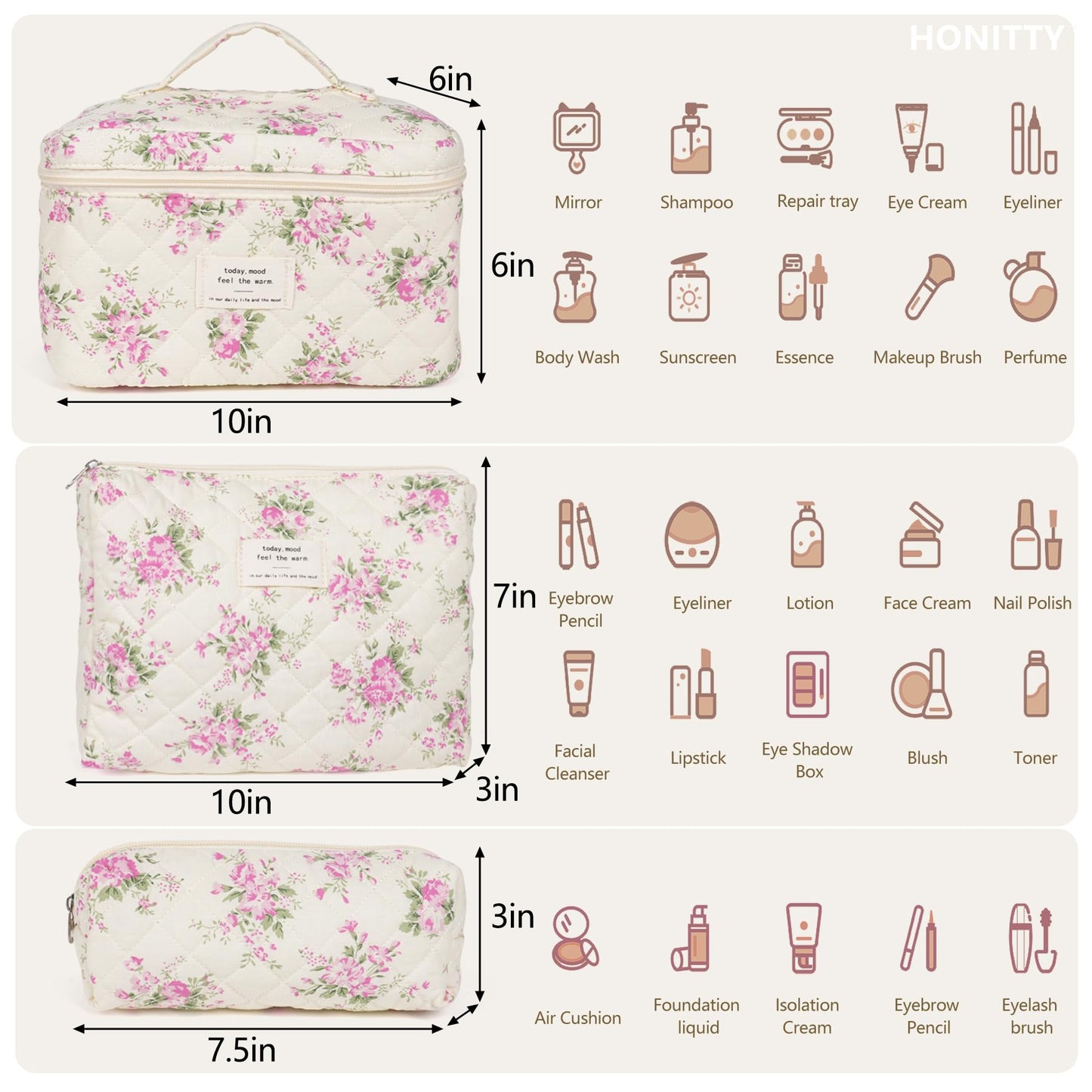 Makeup Bag,Quilted Cosmetic Bags,Large Floral Make Up Organize bag,Makeup Bag Set for Women,Flower Travel Toiletry Bag