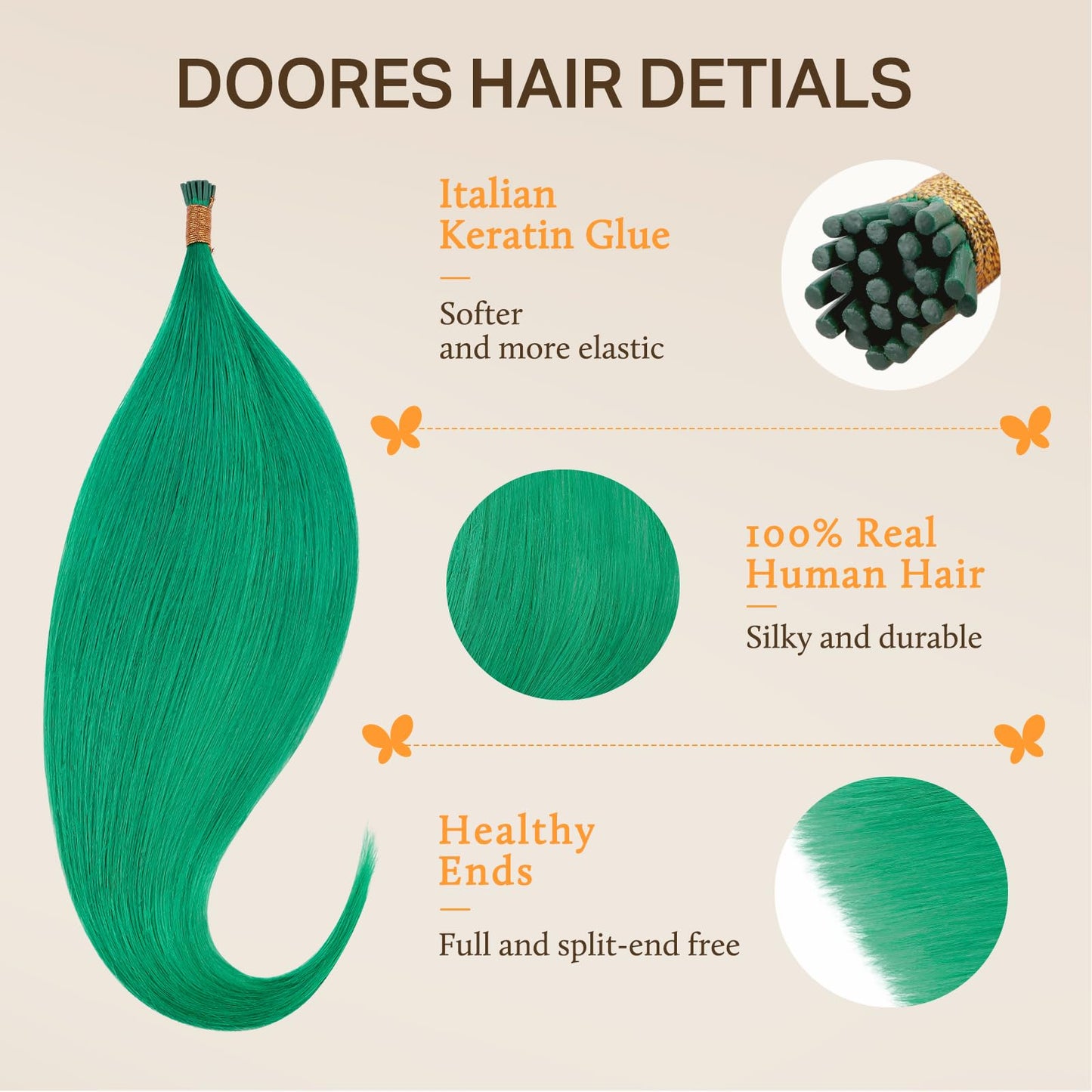 Doores Itips Hair Extensions Human Hair, Green 16 Inch 25g, Hair Extensions, Green Color Extensions For Changing Look