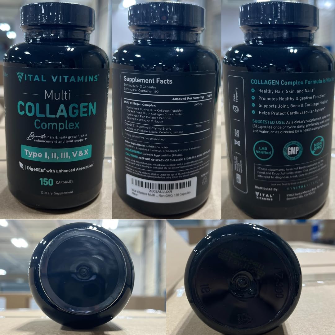 Vital Vitamins Multi Collagen Supplement - Types I, II, III, V, X - Grass Fed & Non-GMO - 150 Capsules