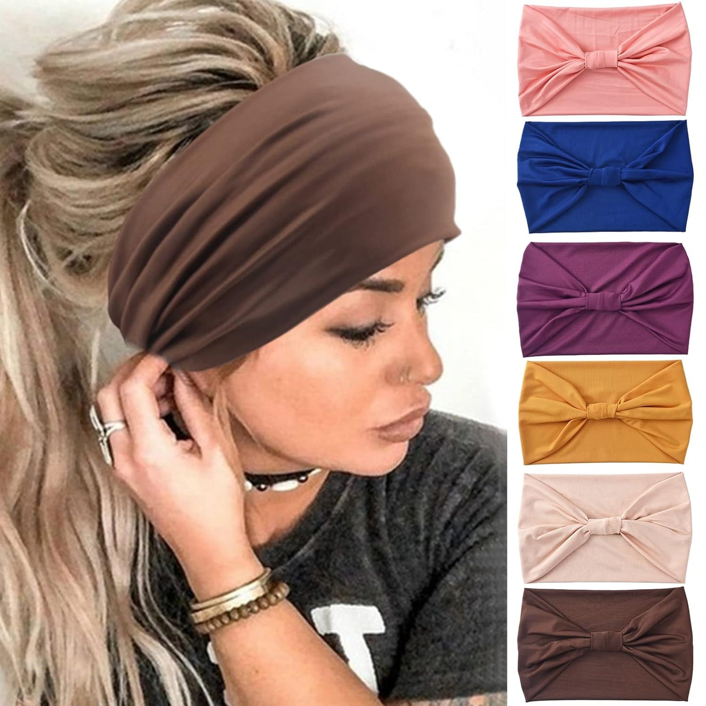 Yeshan Women's Wide Boho Knotted Non-Slip Turban Headwraps - Stretchy Bandeau Hair Bands for Sports, Yoga, Workouts, Pack of 8