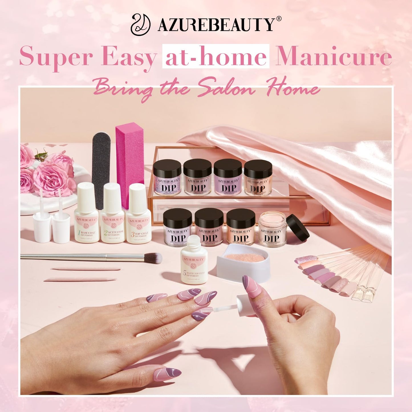 AZUREBEAUTY Dip Powder Nail Starter Kit with Matte Coat, 8 Hot Pink Glitter Neon Summer Color, Dipping Powder Liquid Set with Base/Top Coat/ Activator/10 Nail Sticks Salon at Home
