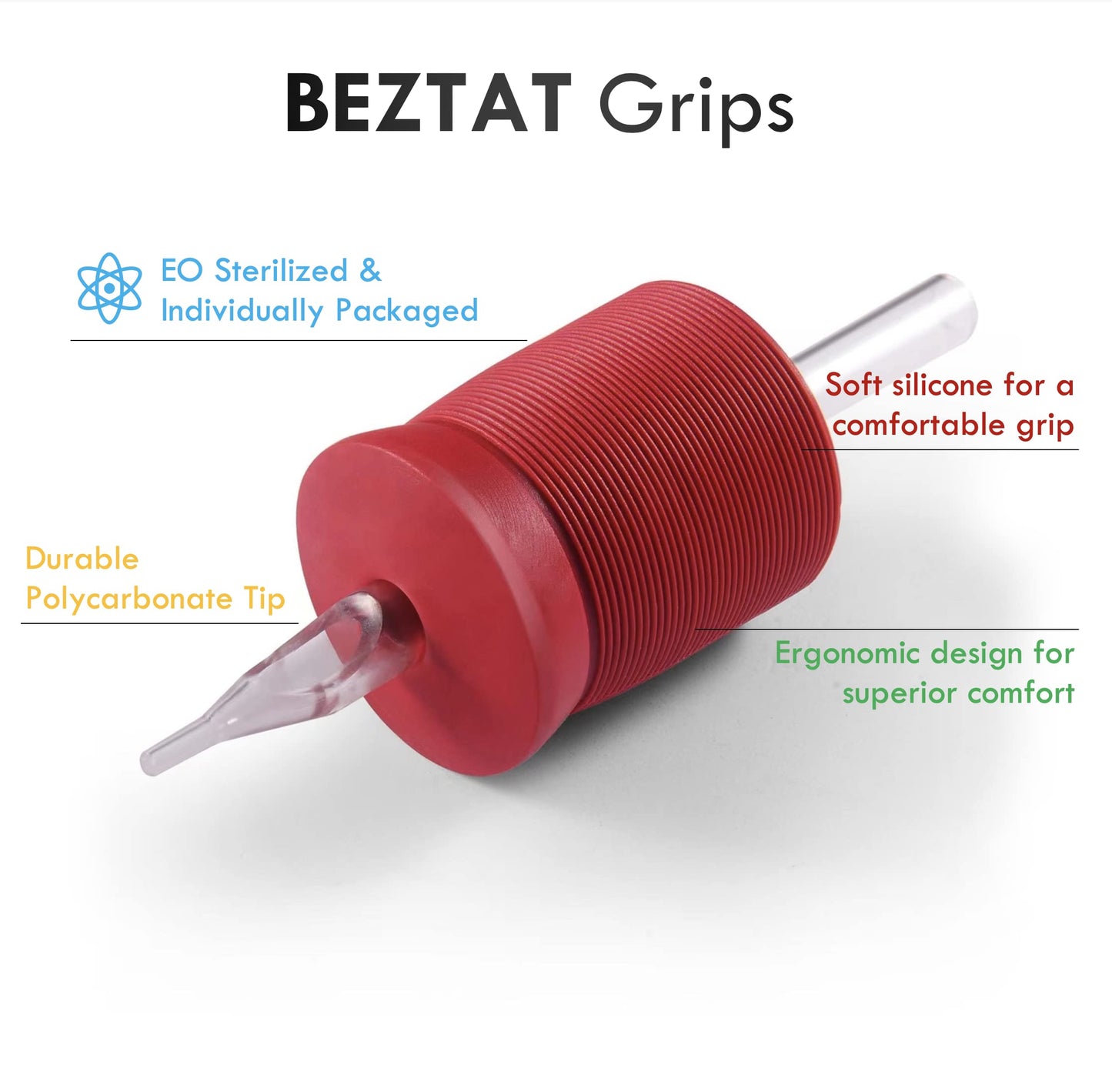 BEZTAT 1.25 Inch Ultra Premium Red Soft Silicone Grip w/Long Clear Disposable Tubes & Tips- 15 Pack, Round Tip (14RT)