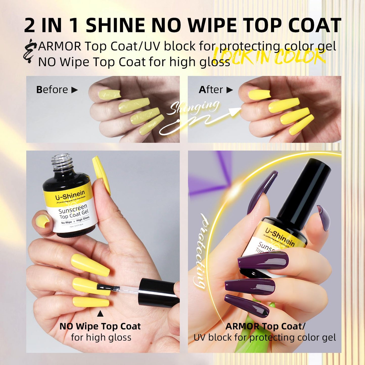 U-Shinein Shine UV Top Coat, 2 in 1 No Wipe Sunscreen Top Coat Gel, Glassy Clear Gel Keeps Nails From Yellowing or Staining, Requires UV Lamp