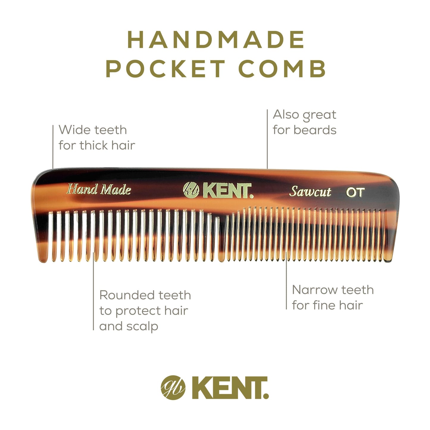 Kent OT Kent Pocket Comb 4.4" Fine Tooth Comb and Wide Tooth Comb - Handmade Hair Comb for Men for Travel Hair Combs, Beard Comb and Mustache Comb - Combs for Women and Kids, Saw Cut and Hand Polished