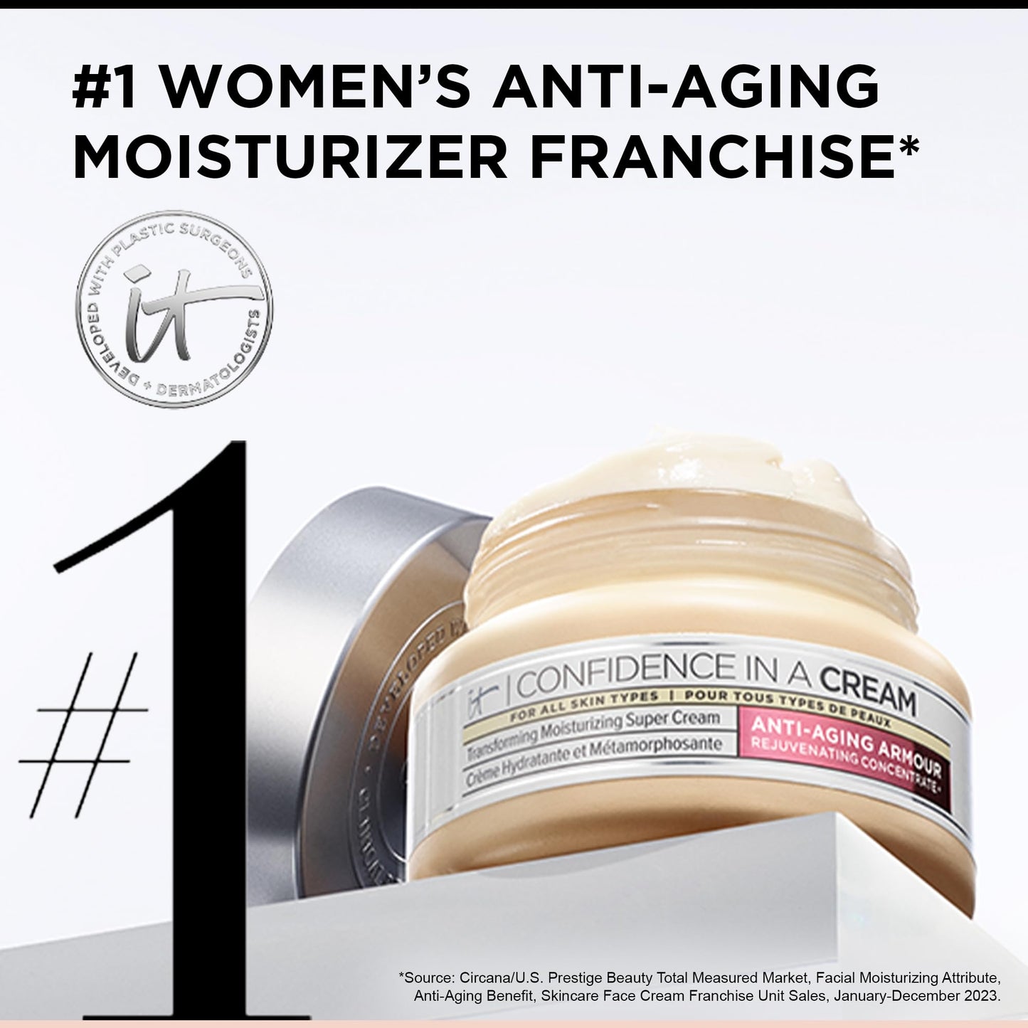 IT Cosmetics Confidence in a Cream Anti Aging Face Moisturizer – Visibly Reduces Fine Lines, Wrinkles & Signs of Aging Skin in 2 Weeks, 48HR Hydration with Hyaluronic Acid, Niacinamide - 0.5 fl oz