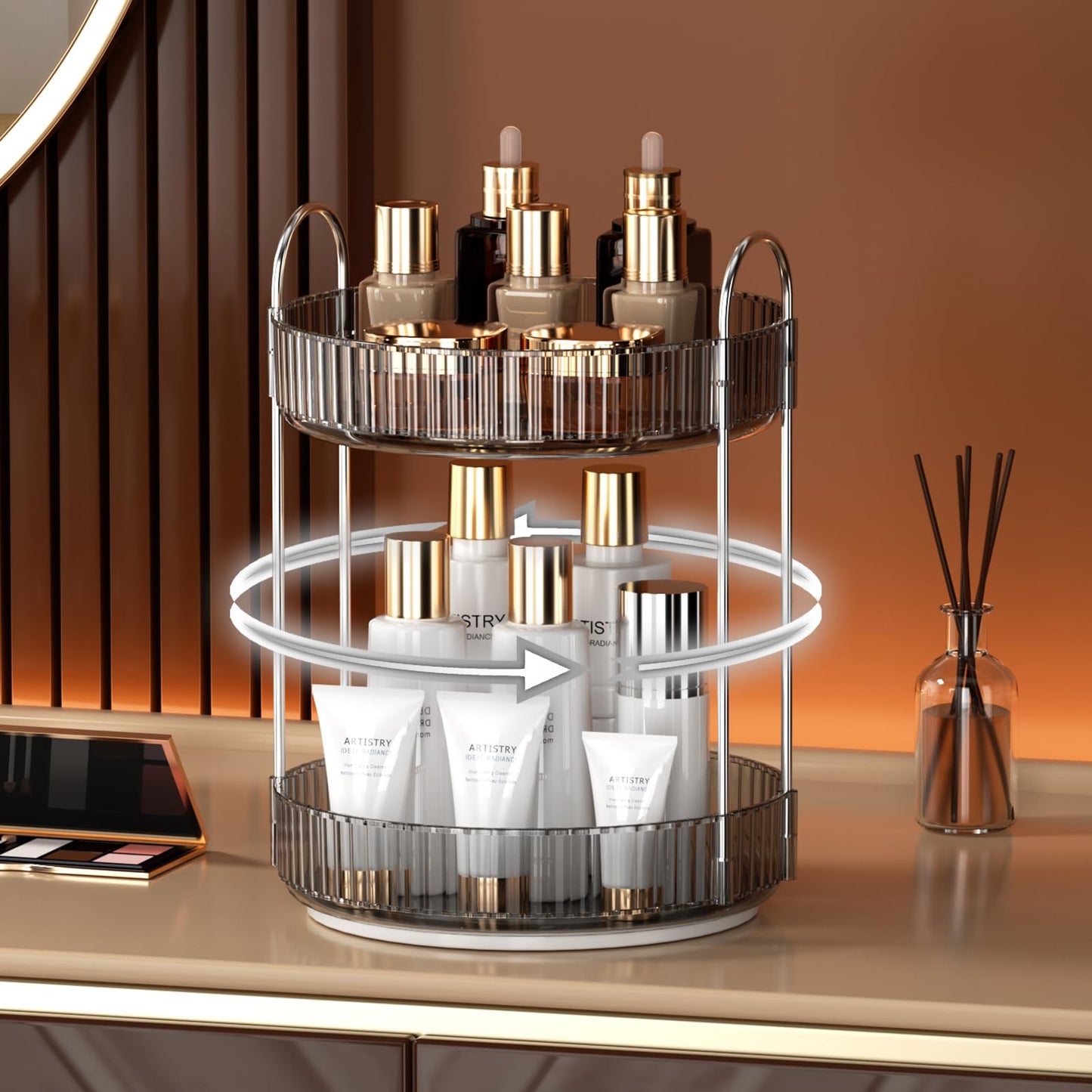 YCIA&DONE 360 Rotating Makeup Organizer and Storage for Vanity Countertop 2 Tiers, High Capacity Cosmetic Skincare Perfume Organizers for Dresser Bathroom Lazy Susan (Smoky Gray)