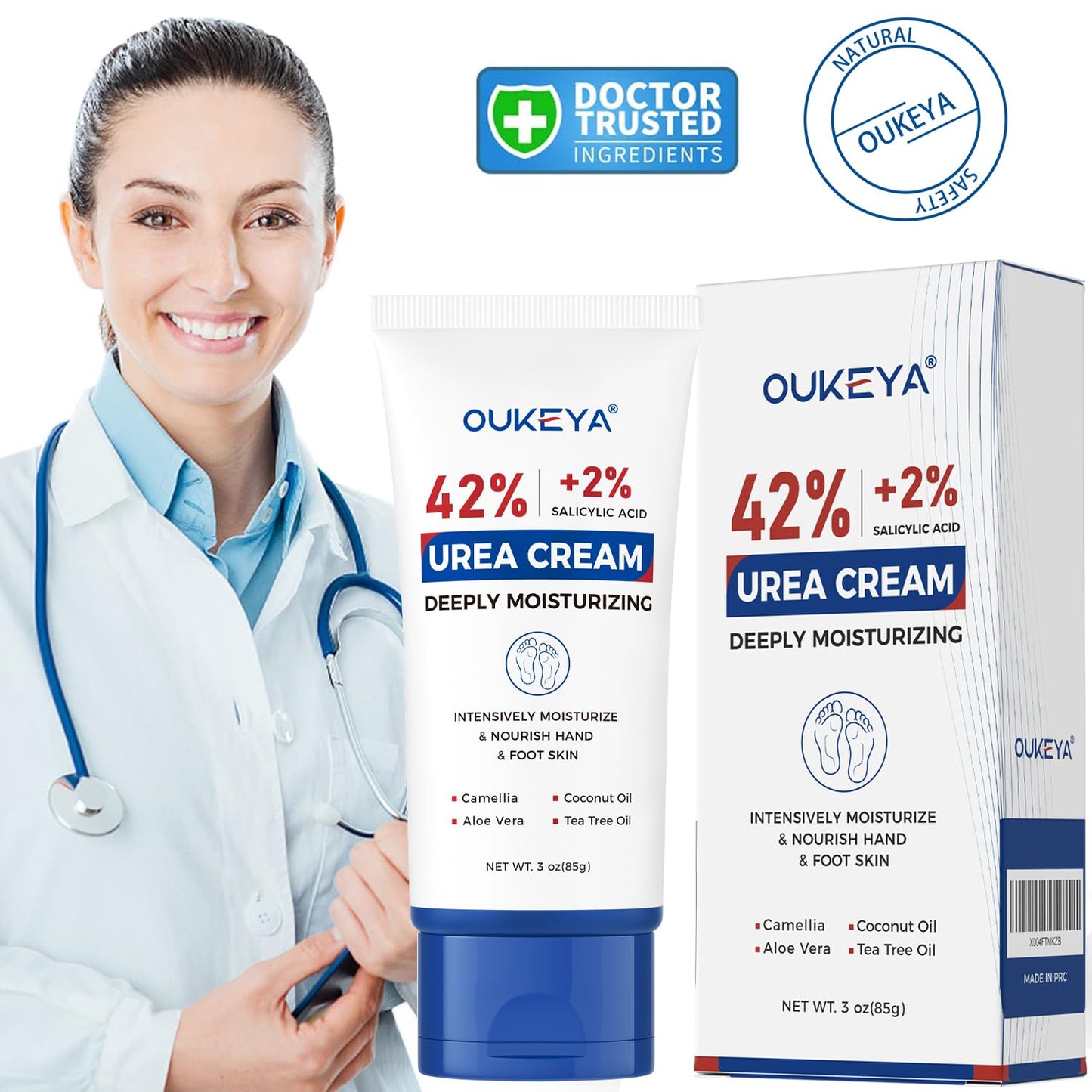 OUKEYA Urea Cream 42 Percent with 2% Salicylic Acid Tube 3 Oz, Urea Foot & Hand Cream for Dry Cracked, 40 per Urea Lotion for Feet Maximum Strength