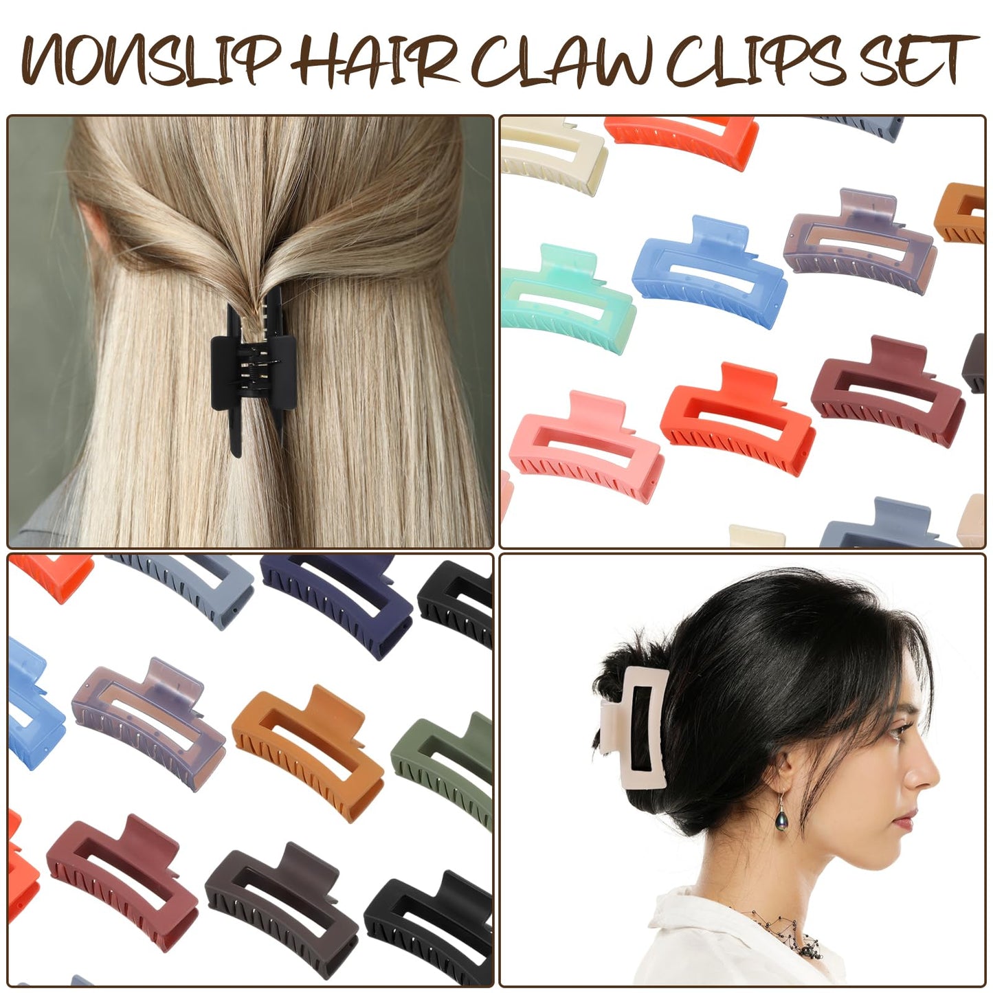 Tigeen 34 Pcs Matte Square Non-Slip Hair Accessories - 3.3" Medium Rectangular Claw Clips for Women, Girls, and Thin Hair Styling