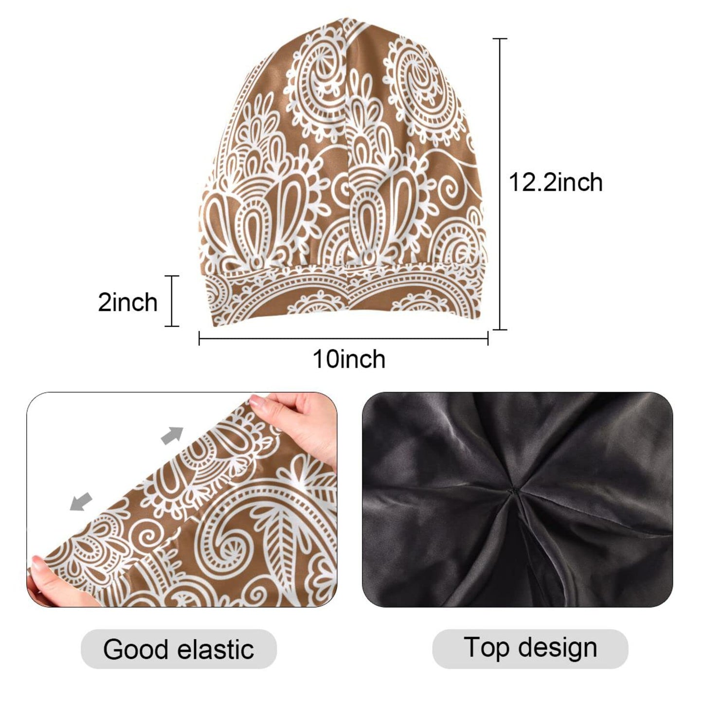 ElliTarr Satin Bonnet Lined Sleep Cap Hair Wrap Cover Slouchy Beanie for Curly Hair Protection for Gifts for Men Women Khaki Paisley