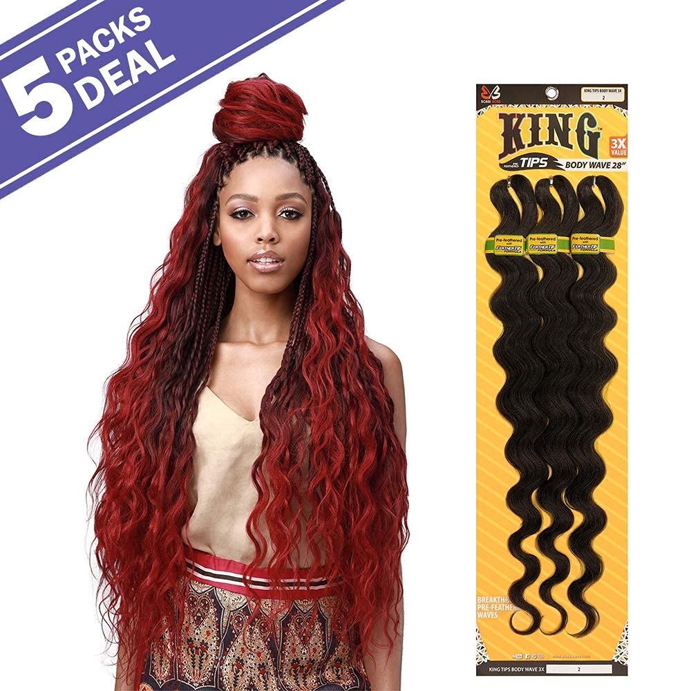Multi Pack Deals Bobbi Boss Synthetic Hair Braids Pre-Feathered 3X King Tips Body Wave 28" (5-PACK, ICEBLU/PUR)