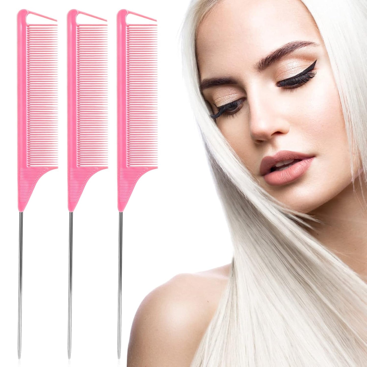Rat Tail Combs Set: 3-Pack Teasing Styling Combs with Long Steel Pins for Women, Parting Combs for All Hair Types (Black)
