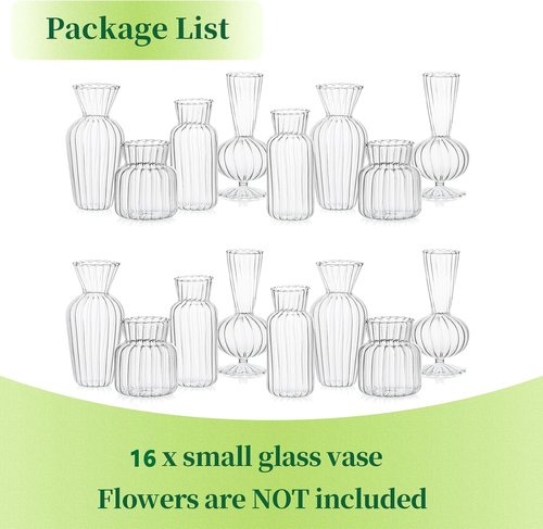 Hewory Mini Glass Vases - Cute Clear Bud Vases Set for Weddings & Home Decor | 16 Pieces