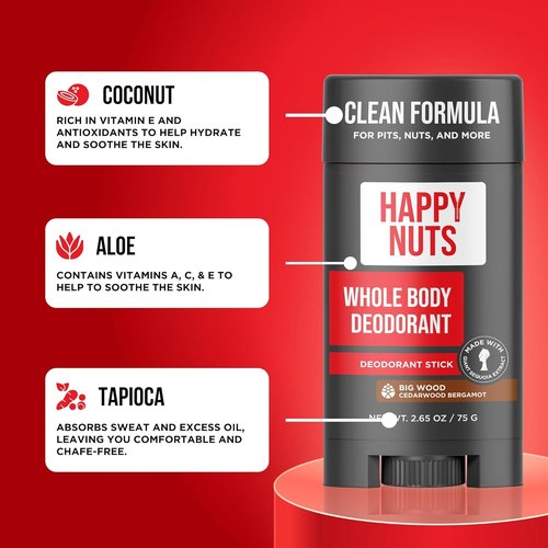 Happy Nuts Whole Body Deodorant for Men - All-Day Odor Control for Pits, Groin & More - Big Wood Scent