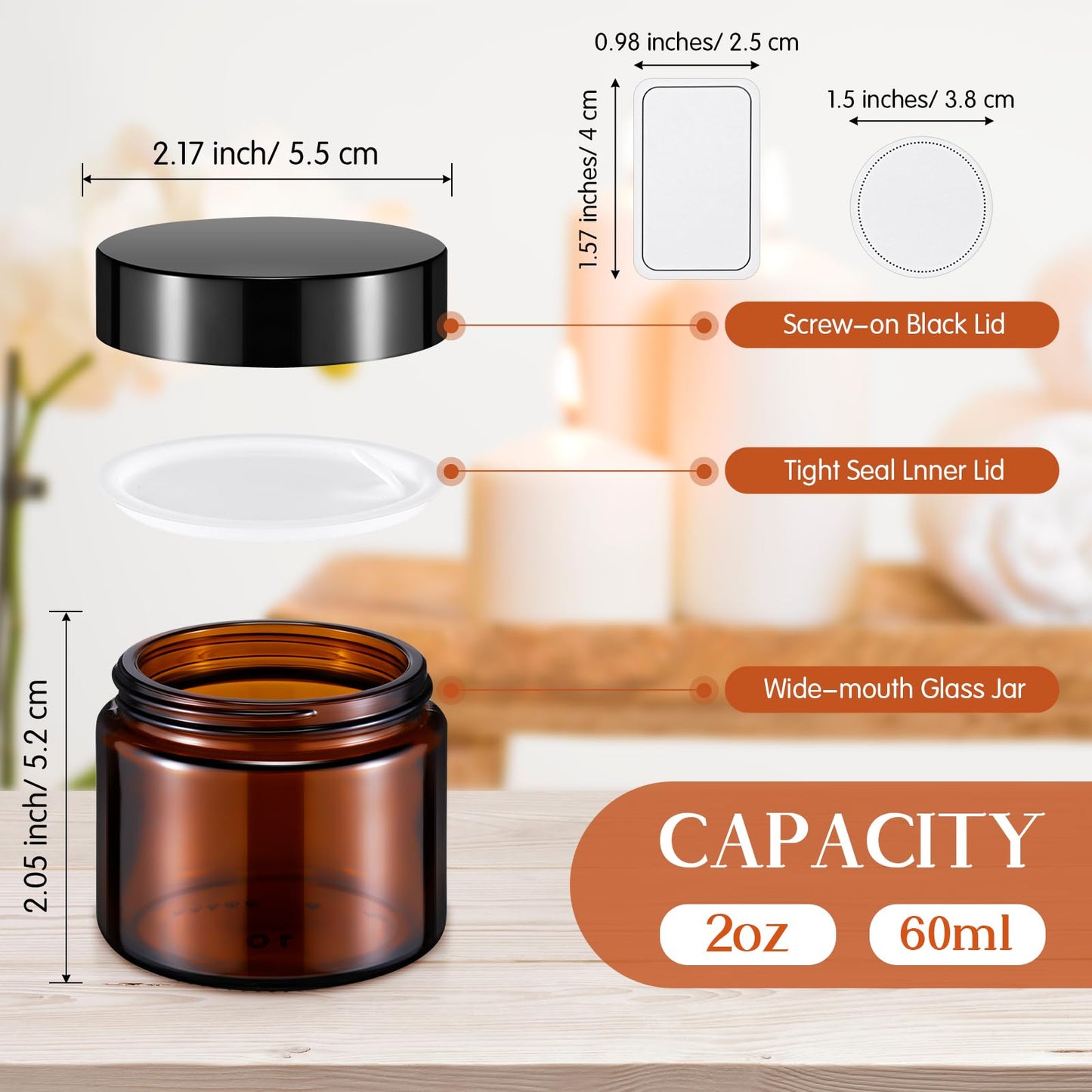 Layhit 60pcs 2 oz Glass Jars with Lids Empty Round Cosmetic Jars with Inner Liners White Labels for Storing Lotions Powders Ointments Candle Making (Clear,Amber,Black)