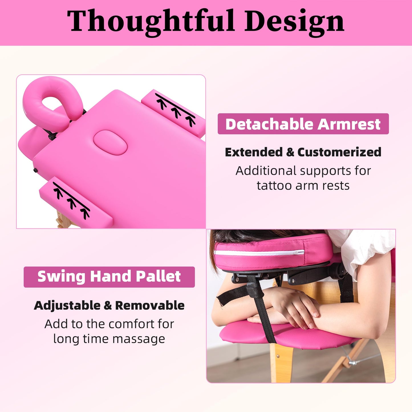 civama Massage Table Massage Bed Portable, 29 LBs Light Weight 2 Section Foldable Tattoo Bed Facial Care Spa Lash Bed Height Adjustable Sturdy Wooden Frame with Accessories Carrying Bag, Pink