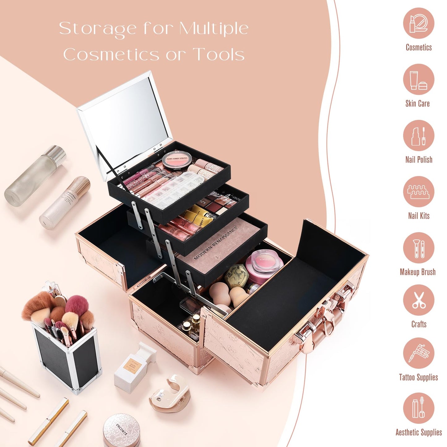FRENESSA Makeup Train Case 11.8 Inch Extra Large Makeup Organizer Case 3 Trays with Mirror Cosmetic Travel Storage Box for Makeup Artist Nail Art Tech Sewing Supplies Travel Case Rose Gold Floral
