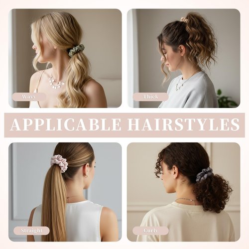 Satin Hair Ties Scrunchies for Women Ponytail Holder No Crease Thin Elestics Hair Scrunchie for Thick Curly Hair Sleep Daily Wear Hair Accessories 5 Pcs