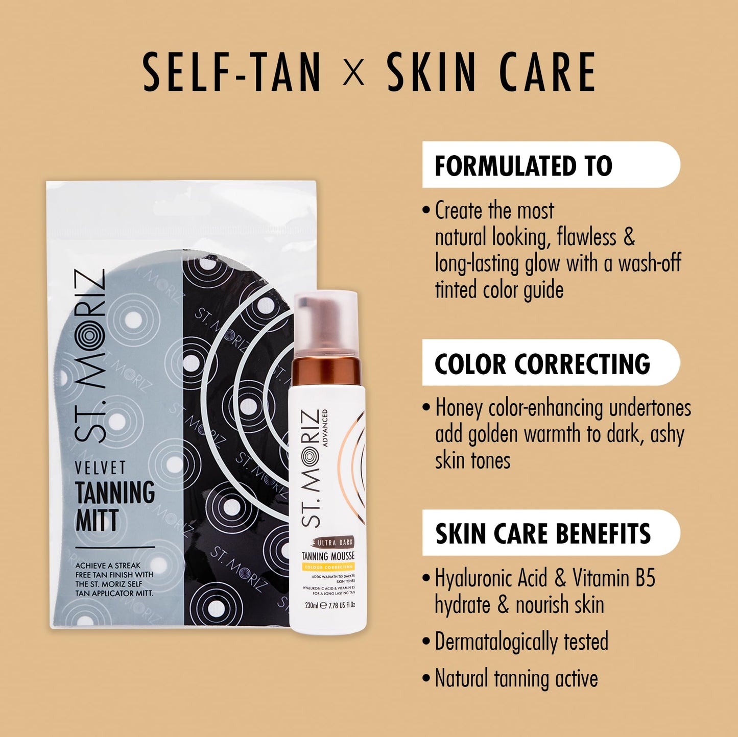 St Moriz Advanced Color Correcting Self Tanner Mousse in Ultra Dark with Tanning Mitt Bundle - Instant Self Tanning Foam for Face & Body - With Hyaluronic Acid & Vitamin B5 (7.78 fl oz)