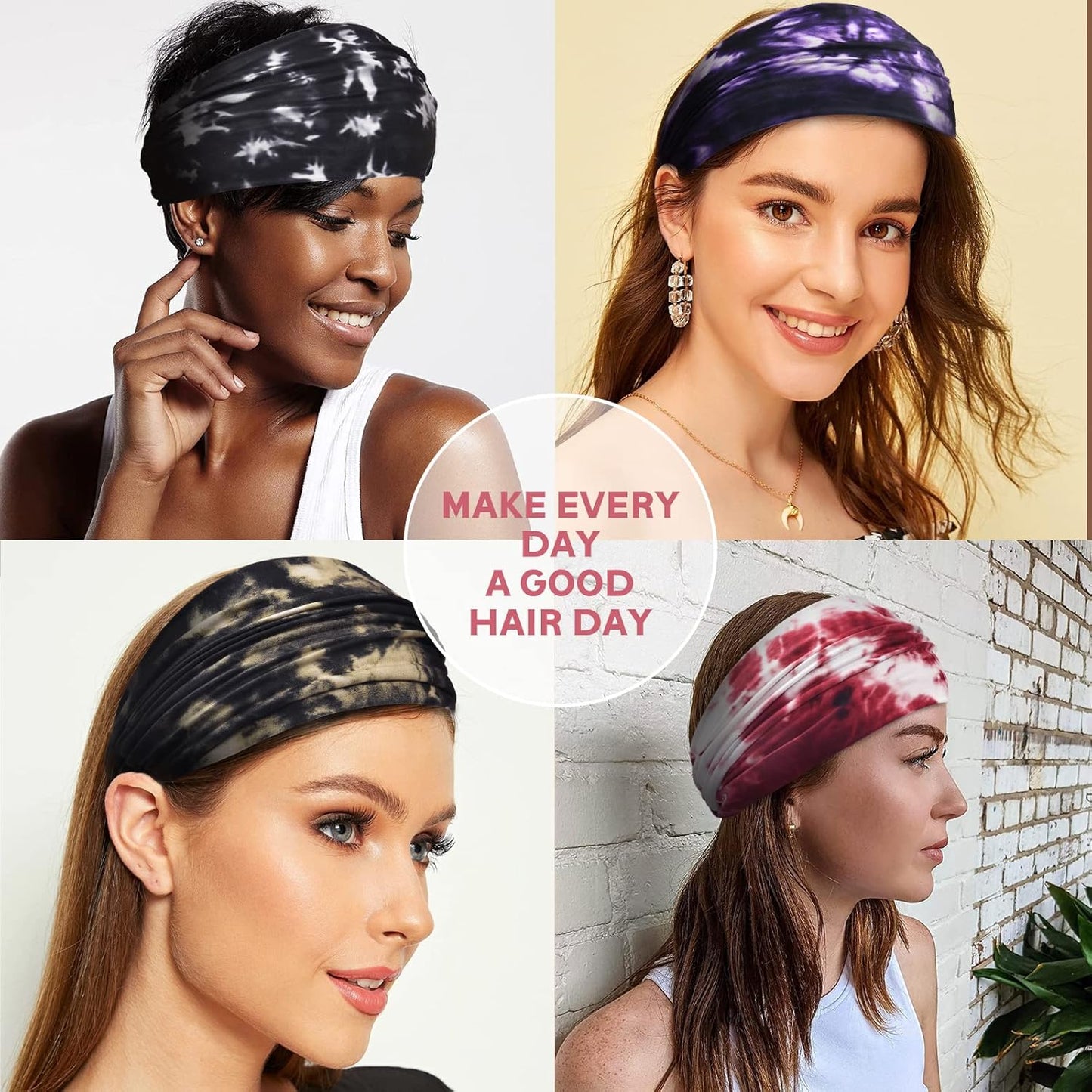 Yeshan Women's Wide Boho Knotted Non-Slip Turban Headwraps - Stretchy Bandeau Hair Bands for Sports, Yoga, Workouts, Pack of 8