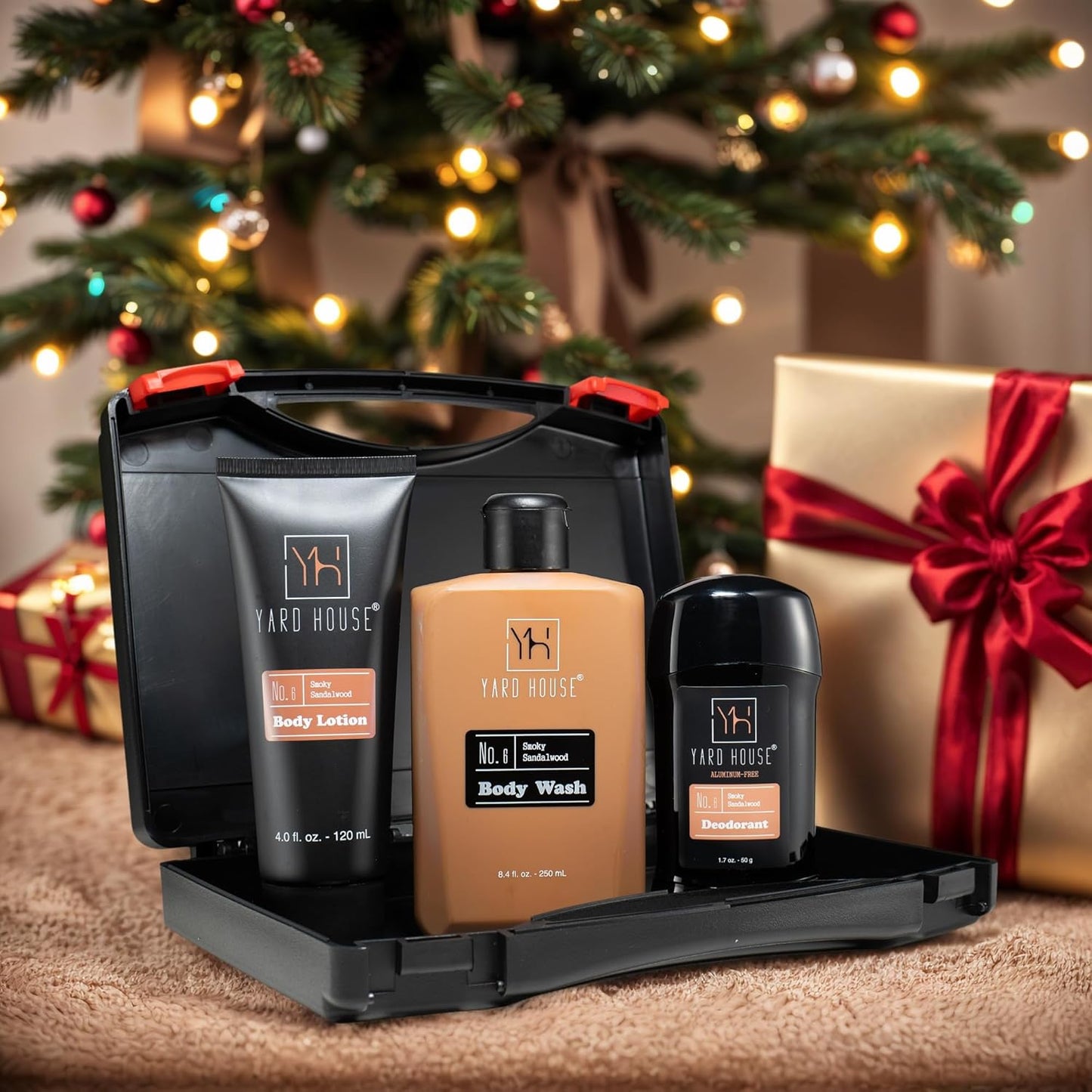 Skiennix Men’s Bath Gift Set - Smoky Sandalwood | 4-Piece Grooming Kit in Travel Toolbox Case - Ideal for Father’s Day & Holidays