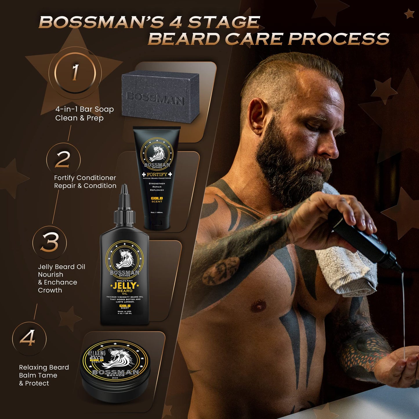 Bossman 3 Pack Mens Bar Soap 4-in-1 All Natural Organic Beard Wash, Shampoo, Body Wash, Shaving and Bath Soap - Essential Beard Care (4oz), Scent- Eucalyptus and Tea Tree