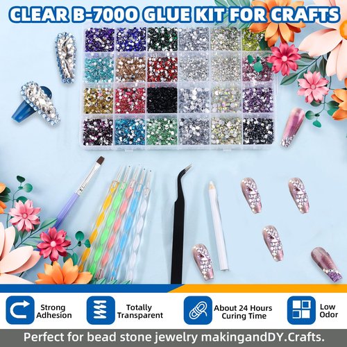 Glarks Rhinestone Gems Kit, 7300Pcs 18 Colors Rhinestones with Gems Adhesive Flat Back Gems Crystal Rhinestones with 12pcs Dotting Tools for Craft, Jewelry and Nail Art