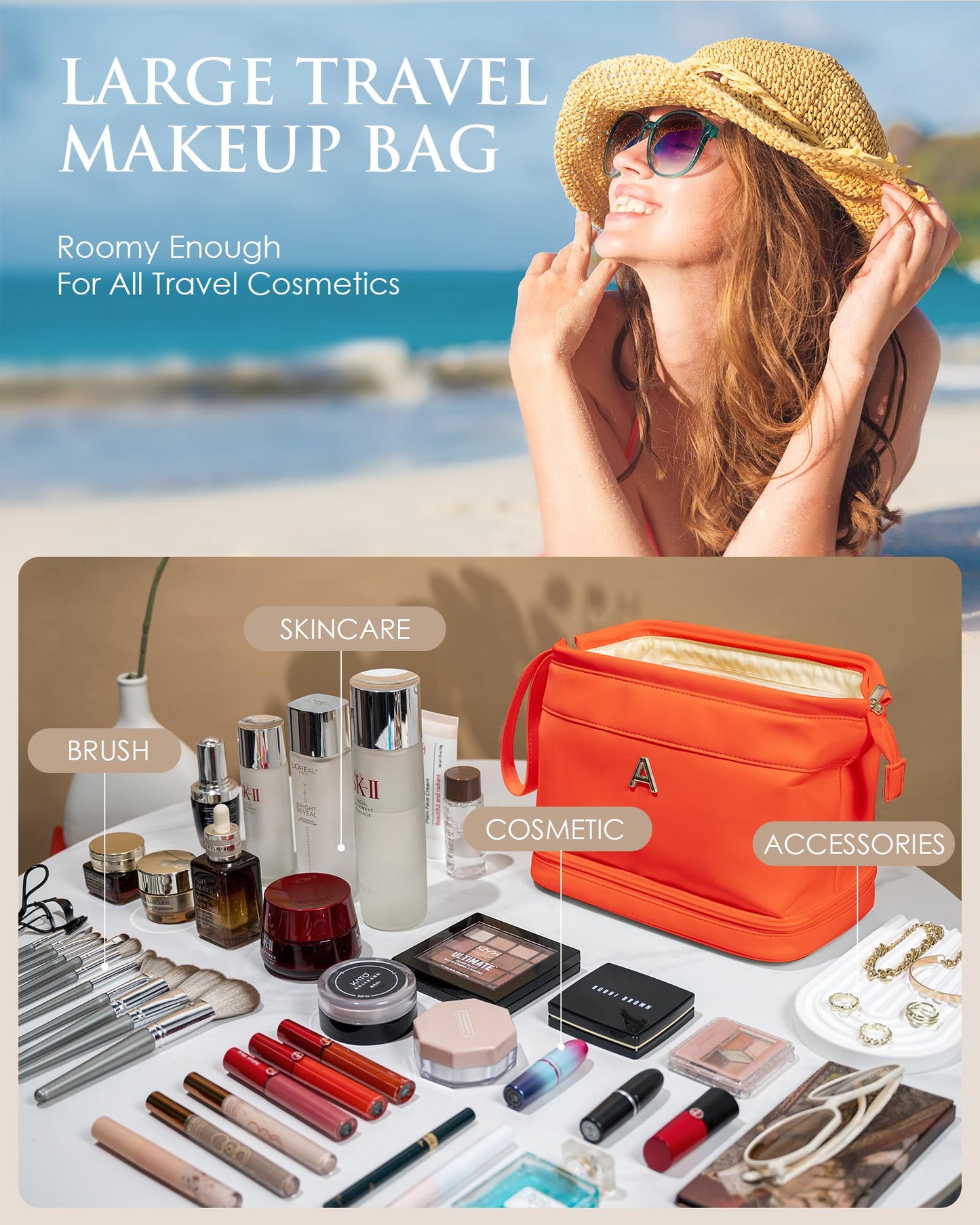 Vogewood Gifts for Women, Initial Large Makeup Bag, Travel Essentials, Personalized Double Layer Cosmetic Bag with Makeup Brush Organizer, PU Leather Travel Toiletry Bag, Gifts for Friends Female Mom