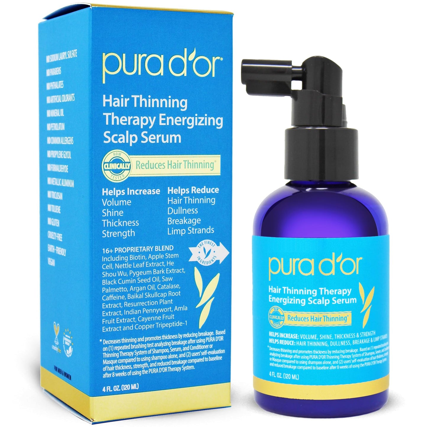 PURA D'OR 4 Oz Hair Thinning Therapy Energizing Scalp Serum Revitalizer - Argan Oil, Biotin, Caffeine, Stem Cell, Catalase & DHT Blockers, All Hair Types, Men & Women
