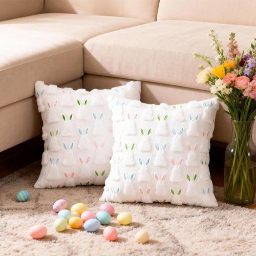 ALFEVA Bunny Throw Pillow Covers - Cute Plush Easter Decor | Set of 2, 18" x 18" for Living Room & Bedroom